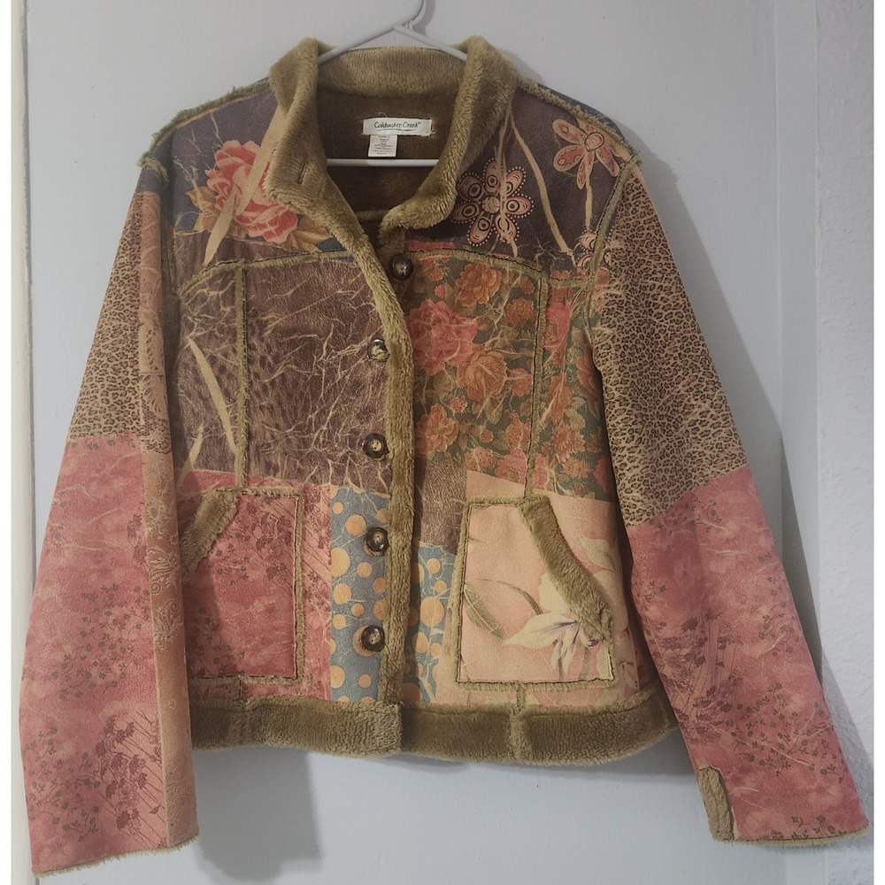 Coldwater Creek Vintage Patchwork Faux Fur Lined Jacket Women Petite L H26376